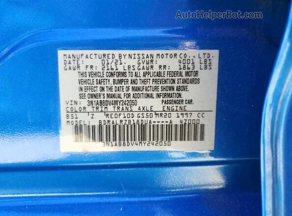 3N1AB8DV4MY242050 2021 NISSAN SENTRA Blue Вид підкапотного простору