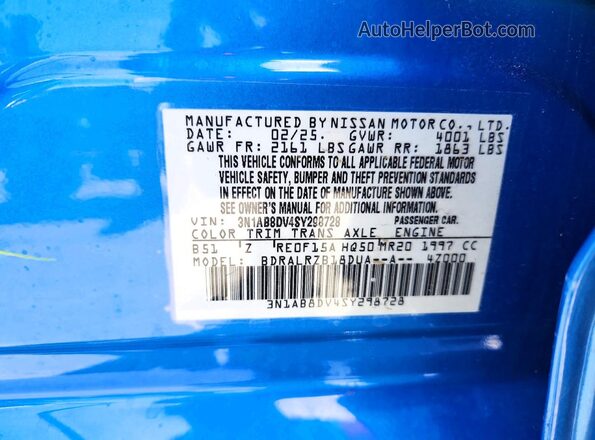 3N1AB8DV4SY298728 2025 NISSAN SENTRA Blue Vista de la etiqueta del VIN