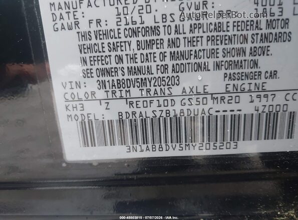 3N1AB8DV5MY205203 2021 NISSAN SENTRA Black Widok naklejki z numerem VIN