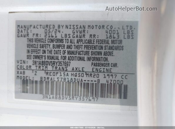 3N1AB8DV5RY357697 2024 NISSAN SENTRA White Vista del compartimento del motor