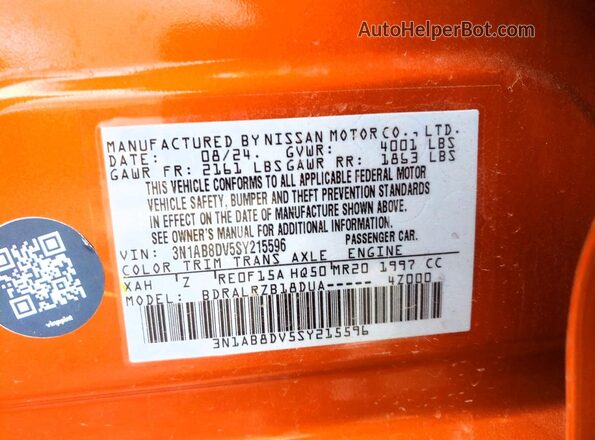 3N1AB8DV5SY215596 2025 NISSAN SENTRA Orange Vista del compartimento del motor