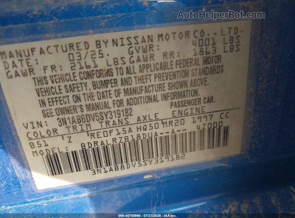 3N1AB8DV5SY319182 2025 NISSAN SENTRA Blue Vista del compartimento del motor