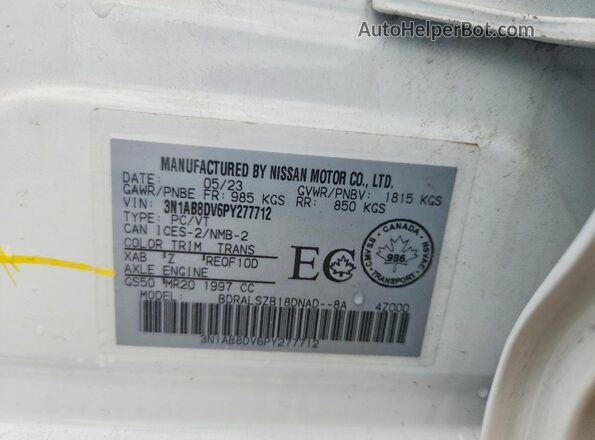 3N1AB8DV6PY277712 2023 NISSAN SENTRA White Vista de la etiqueta del VIN