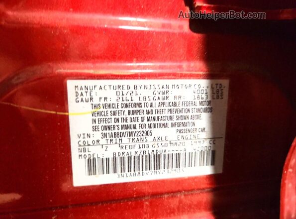 3N1AB8DV7MY232905 2021 NISSAN SENTRA Красный Вид наклейки с VIN-кодом