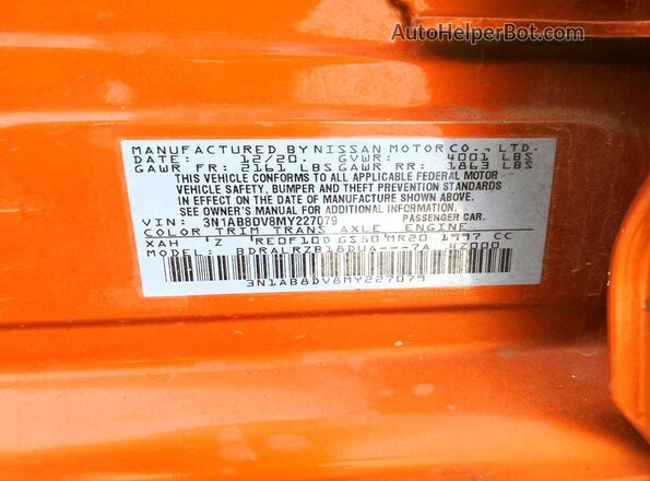 3N1AB8DV8MY227079 2021 NISSAN SENTRA Orange VIN კოდის სტიკერის ხედი