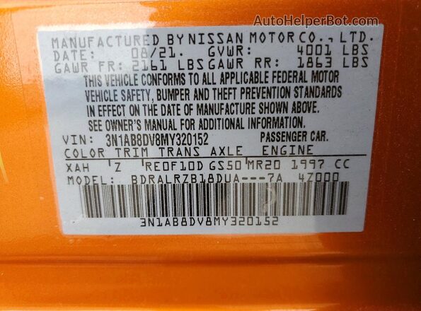 3N1AB8DV8MY320152 2021 NISSAN SENTRA Orange VIN sticker view