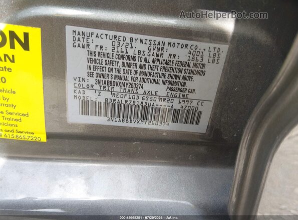 3N1AB8DVXMY260374 2021 NISSAN SENTRA Silver Widok komory silnika