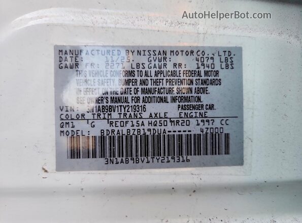 3N1AB9BV1TY219316 2026 NISSAN SENTRA White Вид наклейки з VIN-кодом