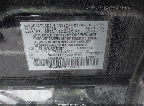 3N1AB9BV9TY228457 2026 NISSAN SENTRA Black Вид підкапотного простору