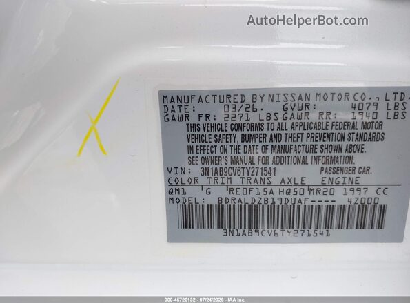 3N1AB9CV6TY271541 2026 NISSAN SENTRA White Vista del compartimento del motor