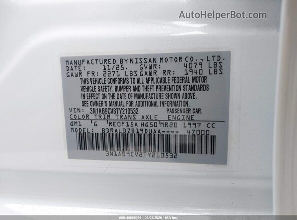 3N1AB9CV8TY210532 2026 NISSAN SENTRA White Vista del compartimento del motor