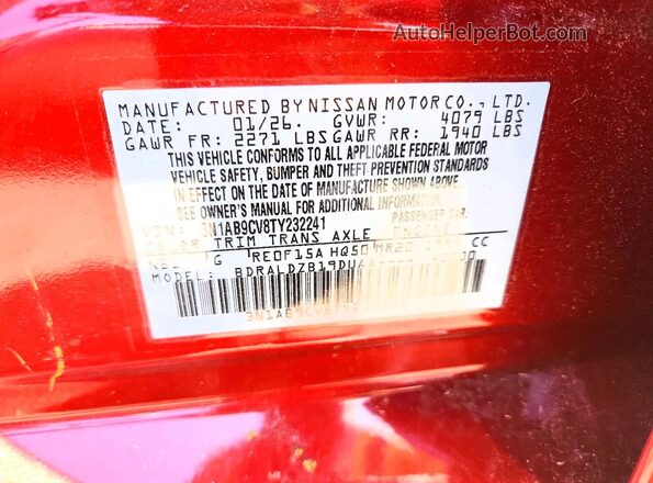 3N1AB9CV8TY232241 2026 NISSAN SENTRA Red Շարժիչի բաժամունքի տեսք
