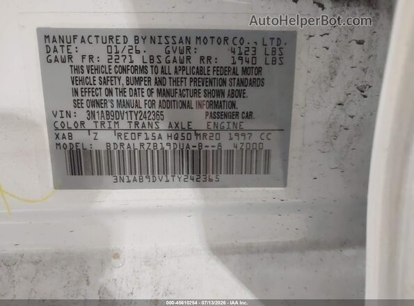 3N1AB9DV1TY242365 2026 NISSAN SENTRA White Вид підкапотного простору