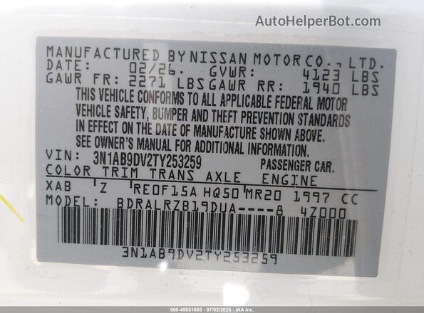 3N1AB9DV2TY253259 2026 NISSAN SENTRA White Vista del compartimento del motor