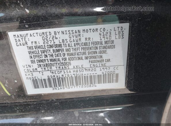 3N1AB9DV7TY250826 2026 NISSAN SENTRA Black Engine compartment view
