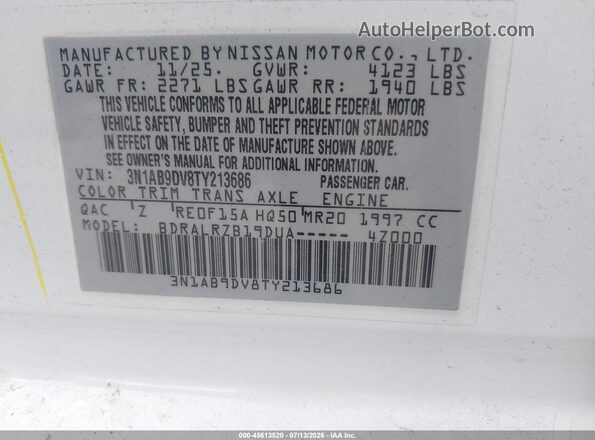 3N1AB9DV8TY213686 2026 NISSAN SENTRA White Շարժիչի բաժամունքի տեսք