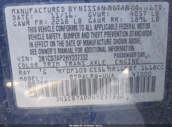 3N1CB7AP2HY237332 2017 NISSAN SENTRA Blue Vista del compartimento del motor
