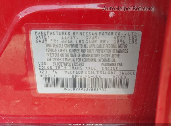 3N1CB7AP3JY225793 2018 NISSAN SENTRA Red Engine compartment view