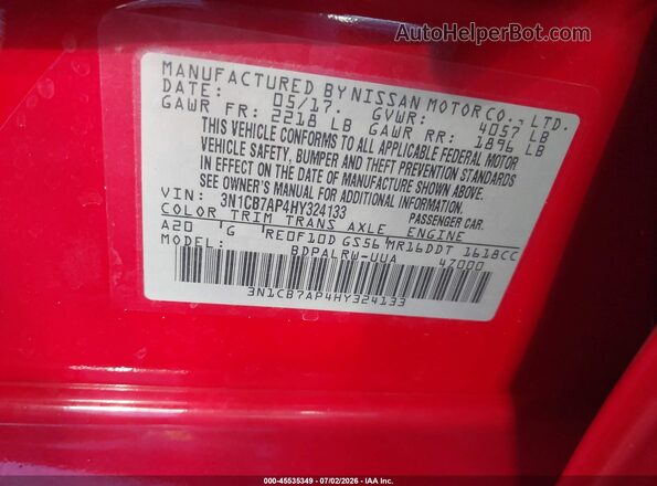 3N1CB7AP4HY324133 2017 NISSAN SENTRA Red Շարժիչի բաժամունքի տեսք