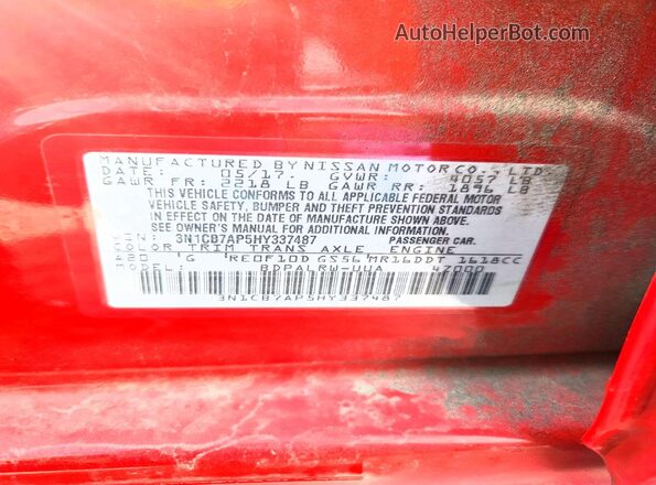 3N1CB7AP5HY337487 2017 NISSAN SENTRA Red VIN კოდის სტიკერის ხედი