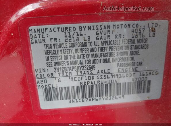 3N1CB7AP6HY232649 2017 NISSAN SENTRA Red Вид підкапотного простору