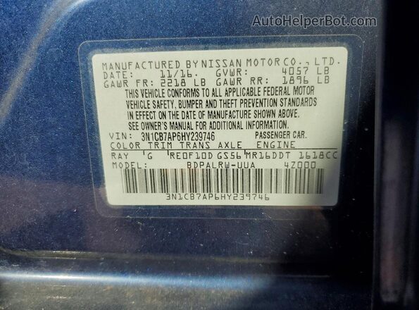 3N1CB7AP6HY239746 2017 NISSAN SENTRA Blue Вид підкапотного простору