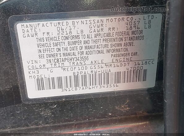 3N1CB7AP6HY343556 2017 NISSAN SENTRA Black Widok komory silnika