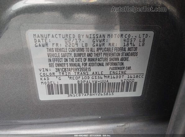 3N1CB7AP8HY265815 2017 NISSAN SENTRA Silver Engine compartment view