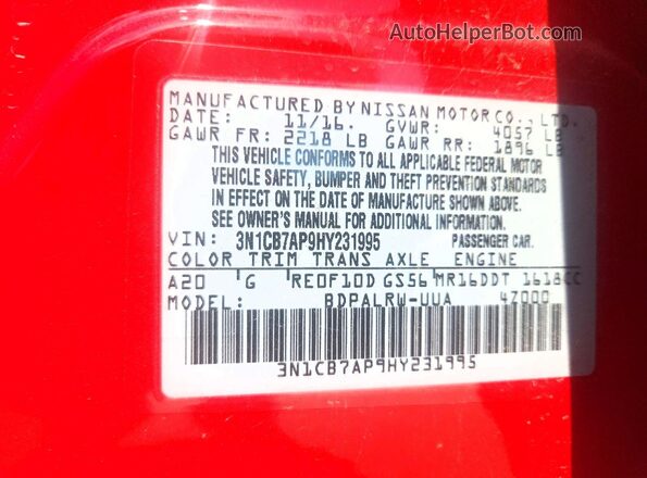 3N1CB7AP9HY231995 2017 NISSAN SENTRA Красный Вид подкапотного пространства