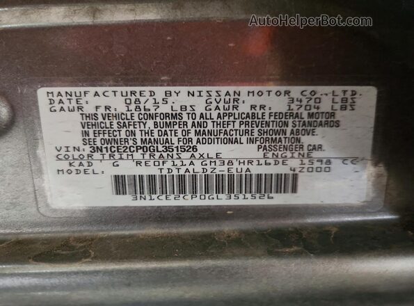 3N1CE2CP0GL351526 2016 NISSAN VERSA Gray Սալոնի 360 աստիճան տեսք