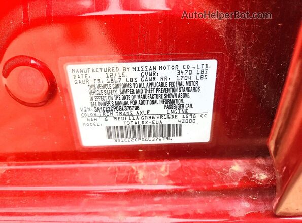 3N1CE2CP0GL376796 2016 NISSAN VERSA Red Вид наклейки з VIN-кодом