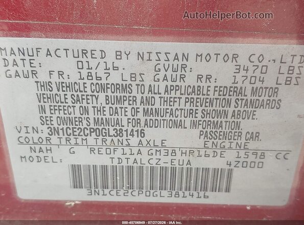 3N1CE2CP0GL381416 2016 NISSAN VERSA NOTE Maroon Widok komory silnika