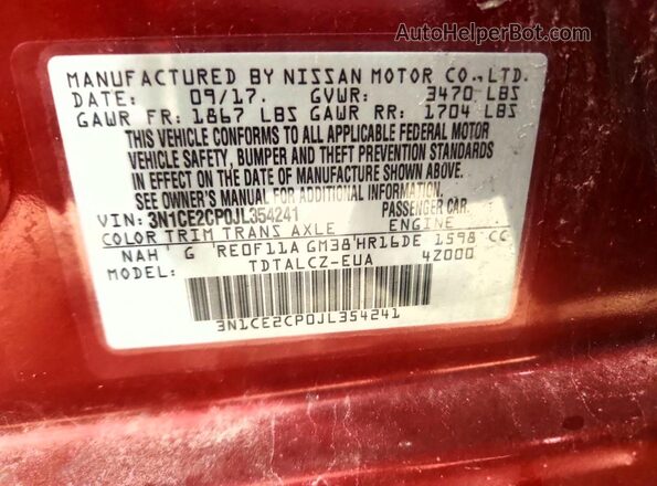 3N1CE2CP0JL354241 2018 NISSAN VERSA Red Vista del compartimento del motor