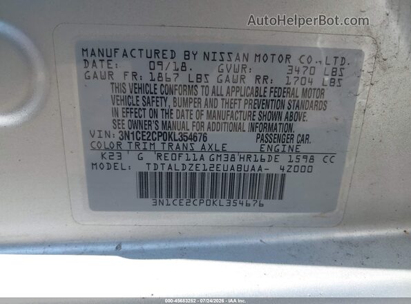 3N1CE2CP0KL354676 2019 NISSAN VERSA NOTE Silver Engine compartment view