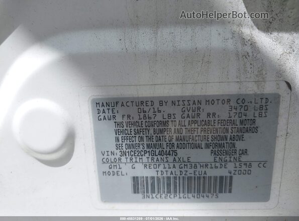 3N1CE2CP1GL404475 2016 NISSAN VERSA NOTE White Շարժիչի բաժամունքի տեսք