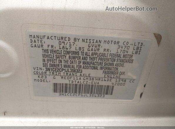 3N1CE2CP1JL356323 2018 NISSAN VERSA NOTE Silver Widok komory silnika