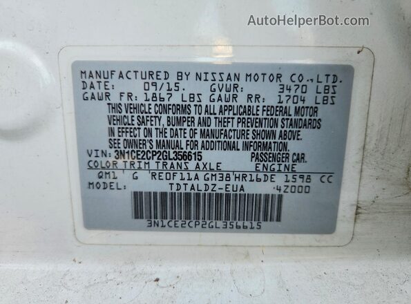 3N1CE2CP2GL356615 2016 NISSAN VERSA Белый Вид подкапотного пространства