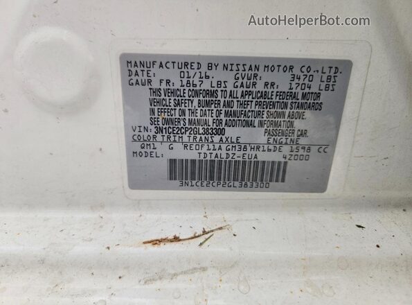 3N1CE2CP2GL383300 2016 NISSAN VERSA White Widok naklejki z numerem VIN