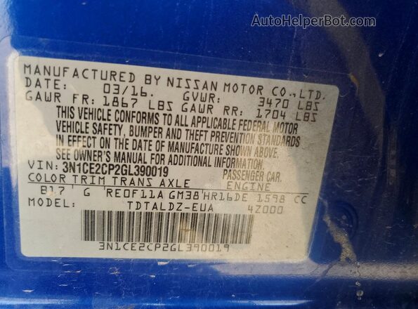 3N1CE2CP2GL390019 2016 NISSAN VERSA Blue Вид підкапотного простору
