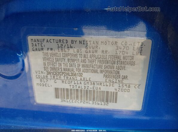 3N1CE2CP2HL356132 2017 NISSAN VERSA NOTE Синий Вид подкапотного пространства