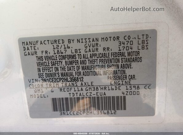 3N1CE2CP2HL356812 2017 NISSAN VERSA NOTE White Widok komory silnika