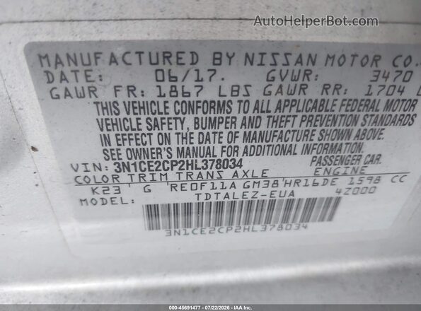 3N1CE2CP2HL378034 2017 NISSAN VERSA NOTE Silver Вид підкапотного простору