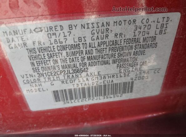 3N1CE2CP2JL356542 2018 NISSAN VERSA NOTE Красный Вид подкапотного пространства