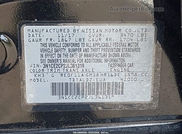 3N1CE2CP2JL361319 2018 NISSAN VERSA NOTE Black ძრავის განყოფილების ხედი