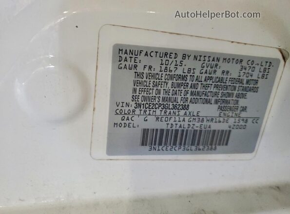 3N1CE2CP3GL362388 2016 NISSAN VERSA White Вид підкапотного простору