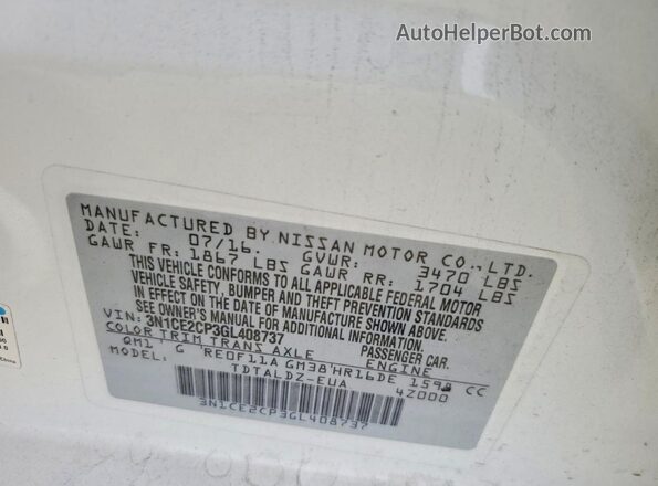 3N1CE2CP3GL408737 2016 NISSAN VERSA White ძრავის განყოფილების ხედი