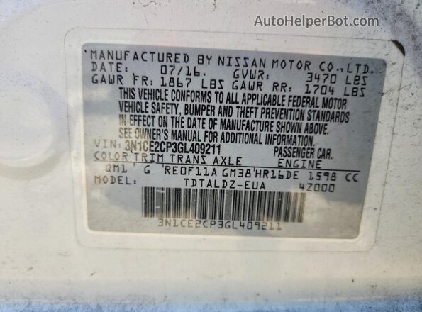 3N1CE2CP3GL409211 2016 NISSAN VERSA White Панорамний вид салону 360°