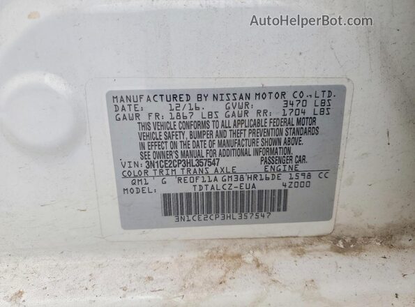 3N1CE2CP3HL357547 2017 NISSAN VERSA White VIN sticker view