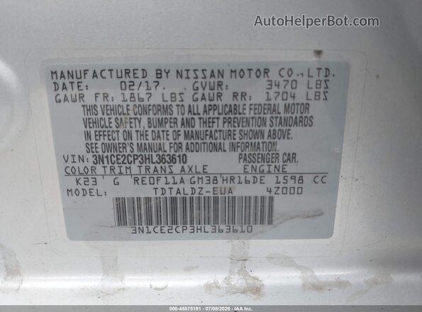 3N1CE2CP3HL363610 2017 NISSAN VERSA NOTE Silver Widok komory silnika