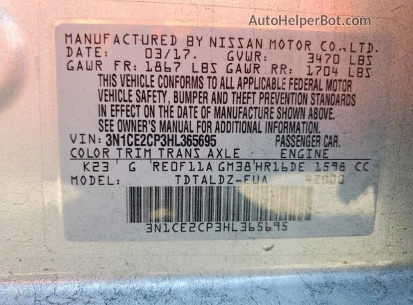 3N1CE2CP3HL365695 2017 NISSAN VERSA Silver Вид підкапотного простору